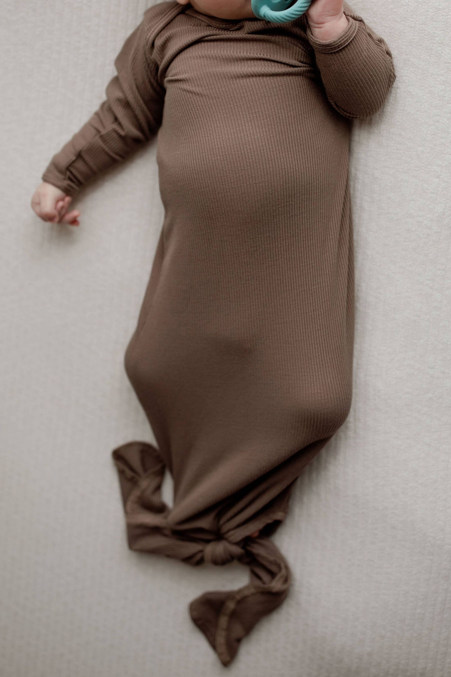 Cocoa Brown Ribbed Knotted Newborn Baby Gown