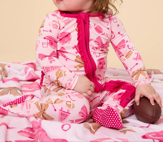 SoftSnooze™ Baby Girls Bamboo Viscose Footballs & Bows Footed Ruffle One Piece Pajama