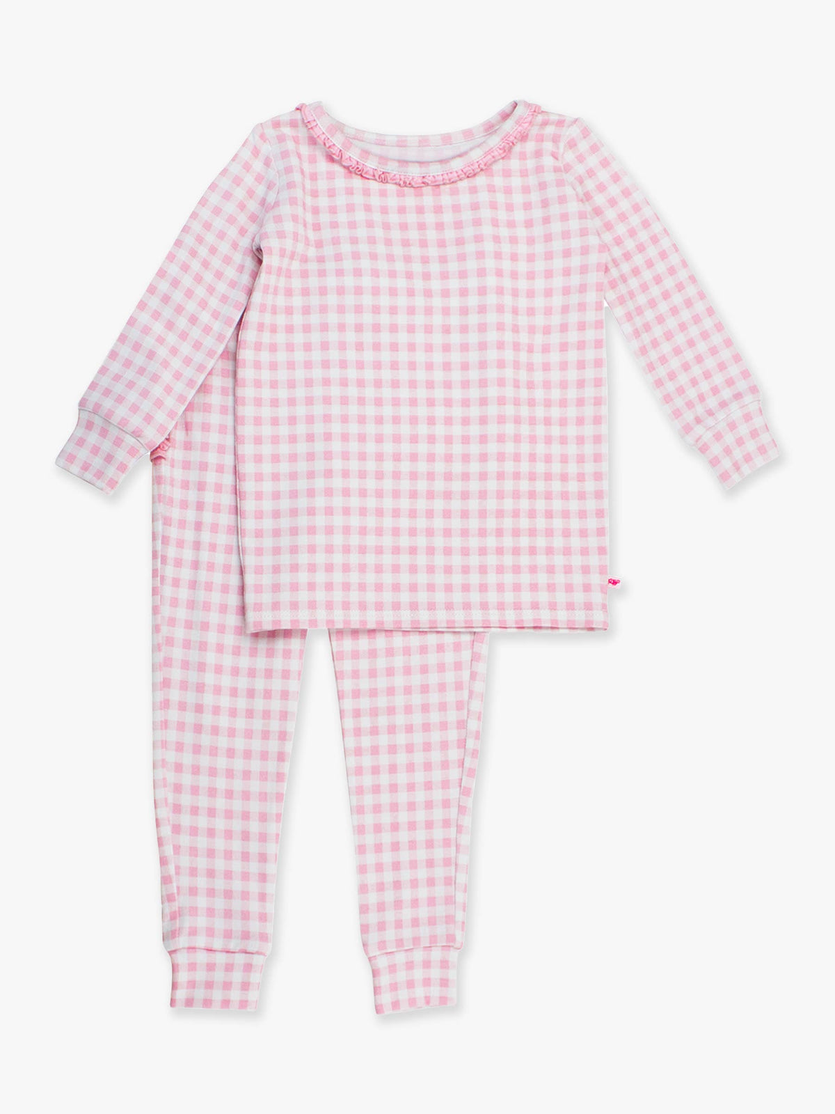 SoftSnooze™ Toddler Girls Cotton Modal Pink Gingham Ruffle Long Sleeve Pajama Set with Signature Rear Ruffles
