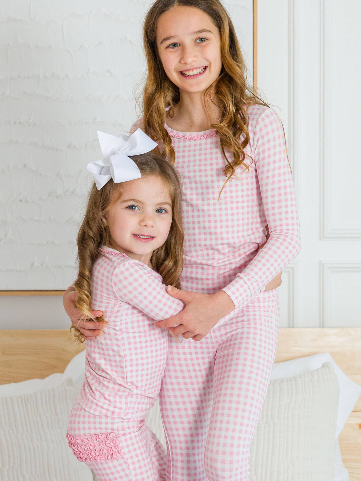 SoftSnooze™ Toddler Girls Cotton Modal Pink Gingham Ruffle Long Sleeve Pajama Set with Signature Rear Ruffles