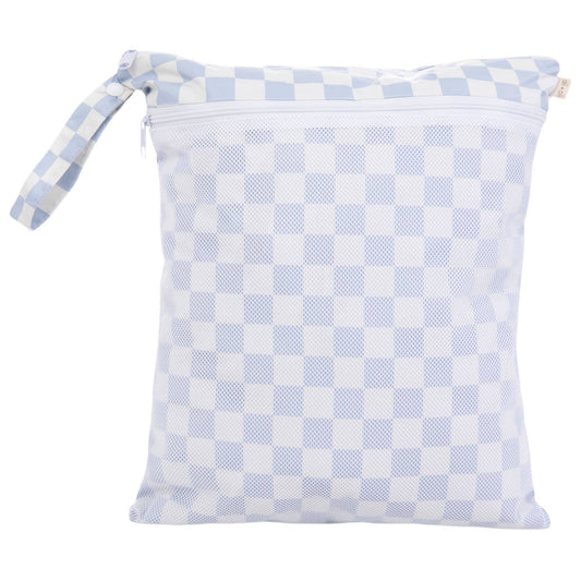 Dual-Compartment Wet/Dry Bag with Mesh Pocket (Blue Checker)