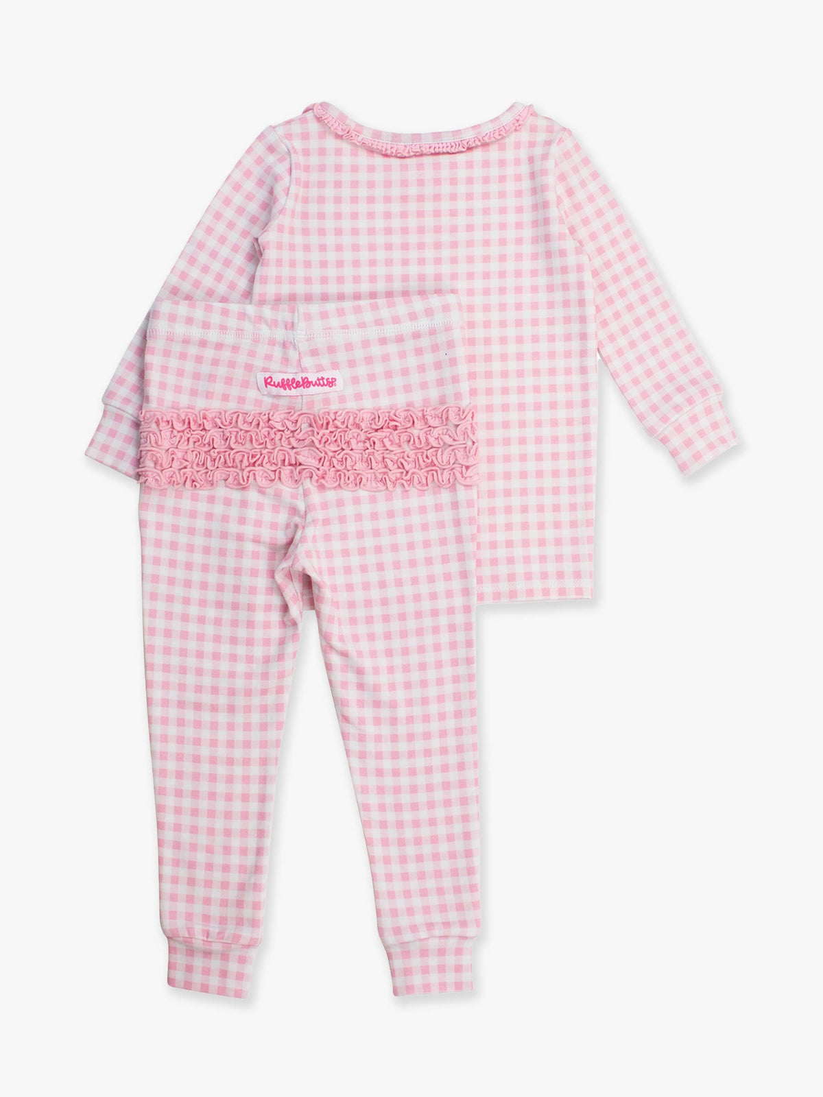 SoftSnooze™ Toddler Girls Cotton Modal Pink Gingham Ruffle Long Sleeve Pajama Set with Signature Rear Ruffles