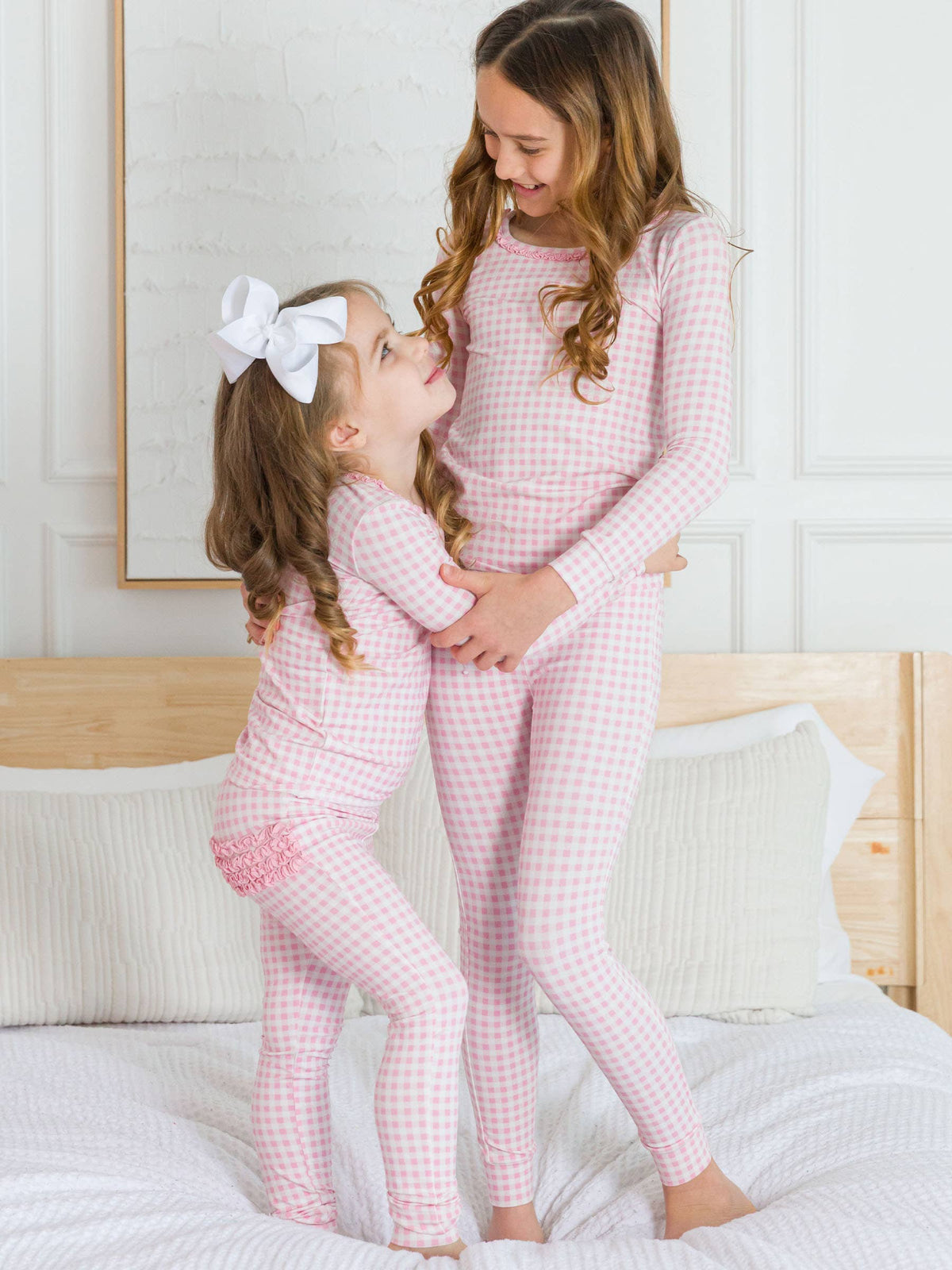 SoftSnooze™ Toddler Girls Cotton Modal Pink Gingham Ruffle Long Sleeve Pajama Set with Signature Rear Ruffles